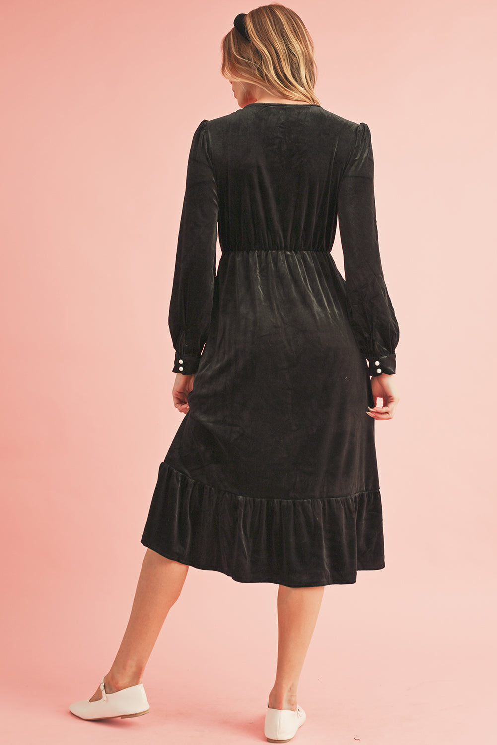 Black Velvet Buttoned Puff Sleeve V Neck Split Midi Dress - MAD RUFFI