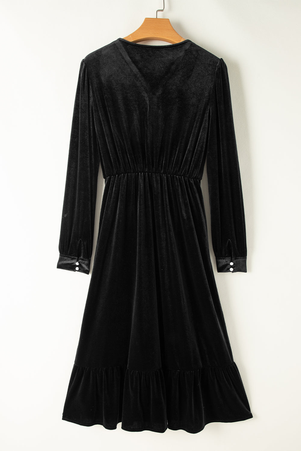 Black Velvet Buttoned Puff Sleeve V Neck Split Midi Dress - MAD RUFFI