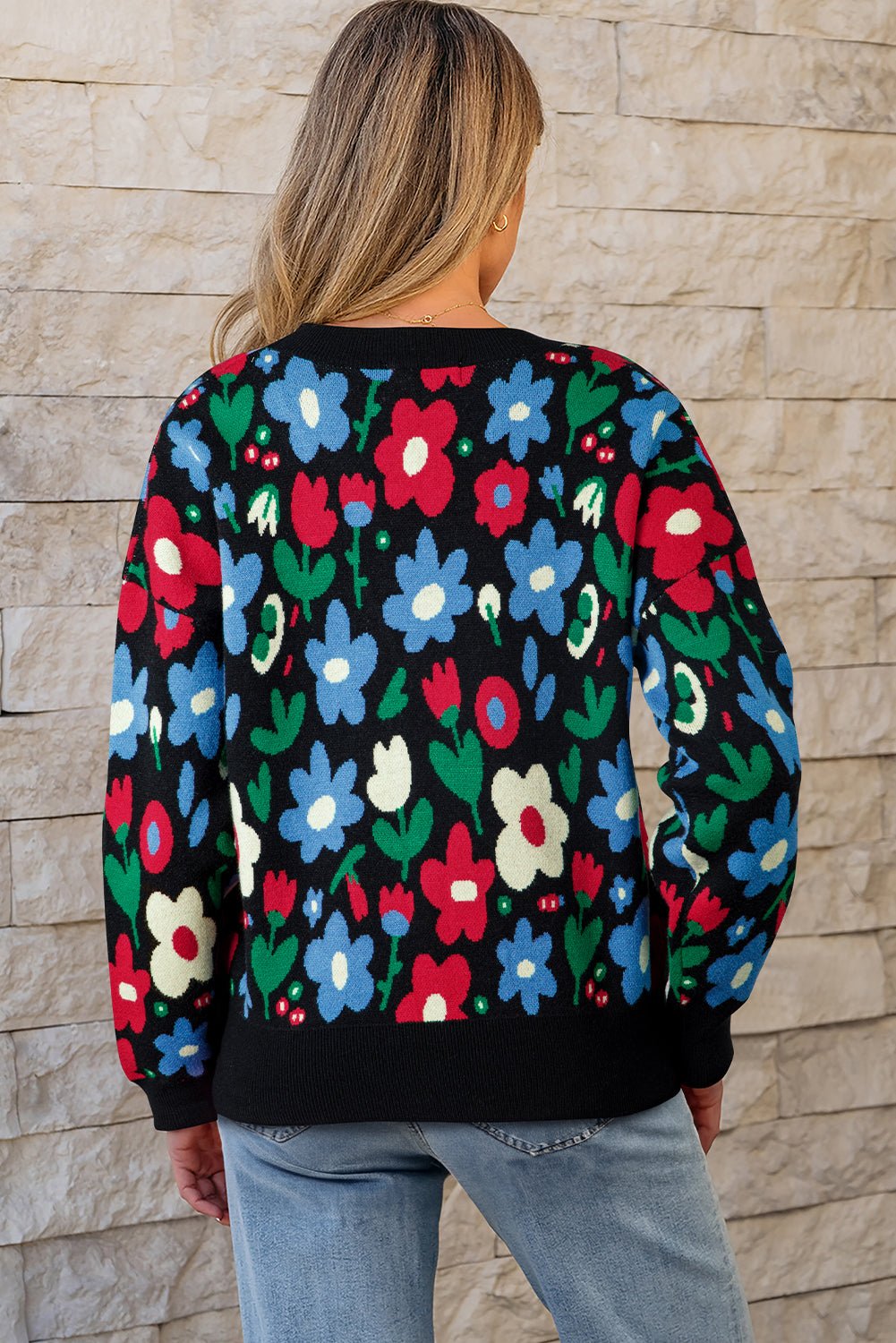 Black Vibrant Floral V Neck Knit Cardigan - MAD RUFFI