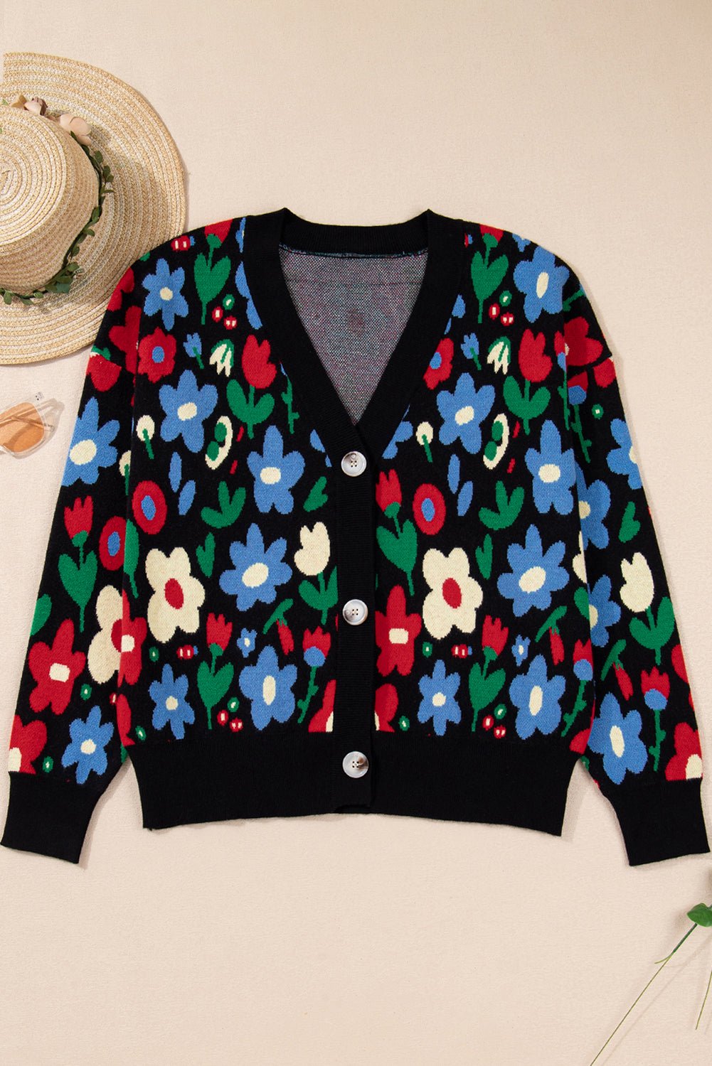 Black Vibrant Floral V Neck Knit Cardigan - MAD RUFFI