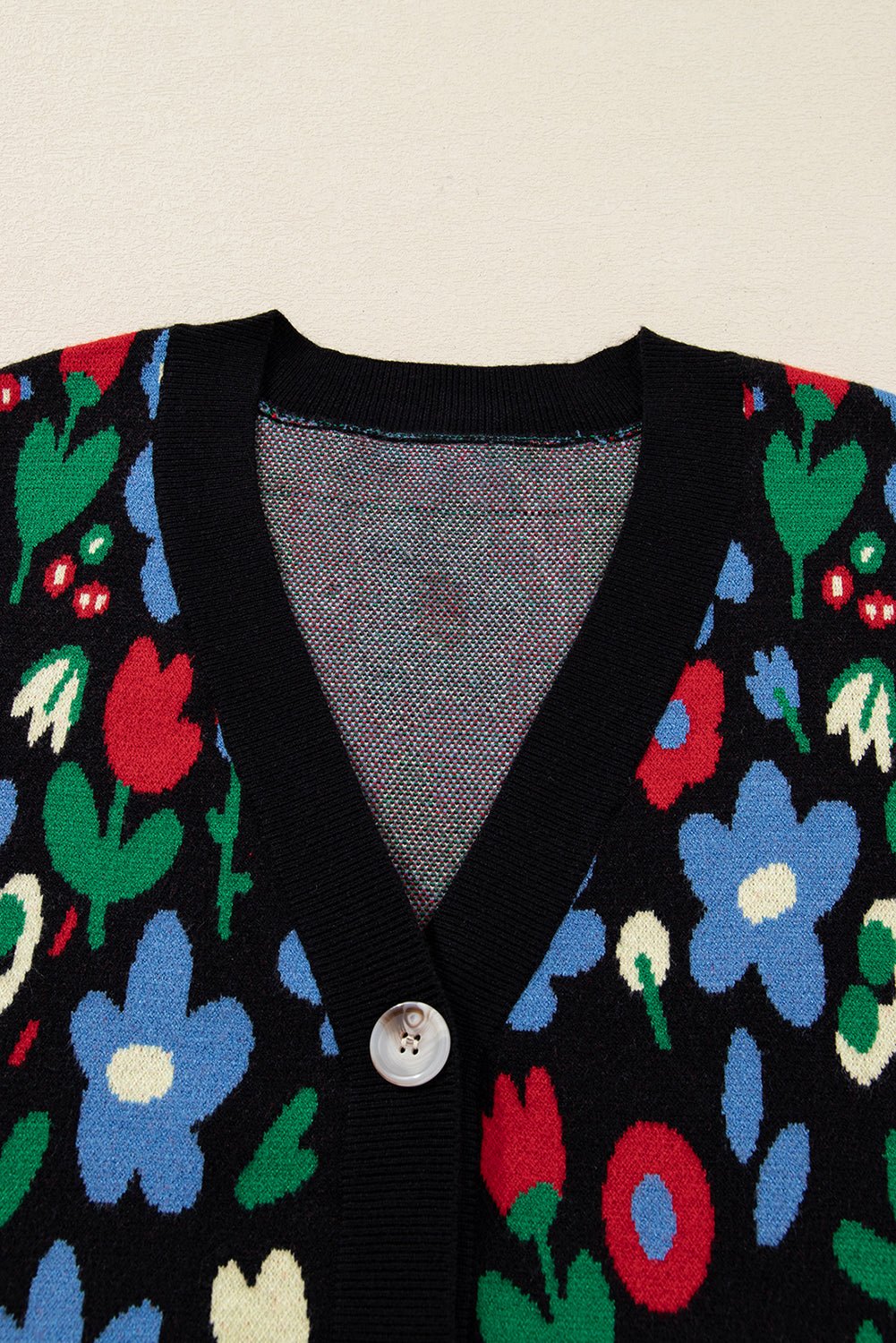 Black Vibrant Floral V Neck Knit Cardigan - MAD RUFFI