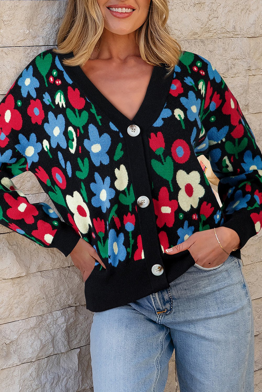 Black Vibrant Floral V Neck Knit Cardigan - MAD RUFFI