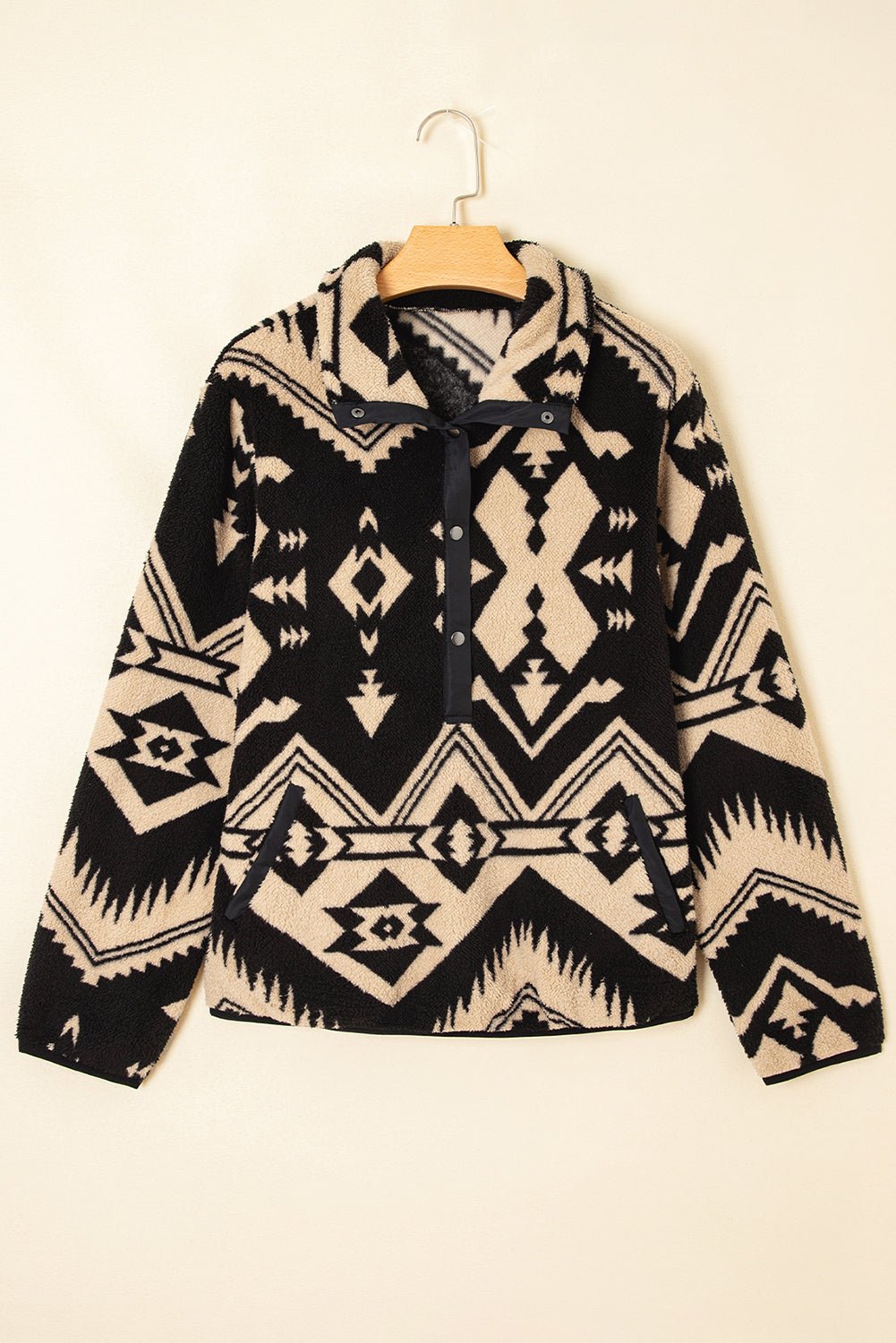 Black Vintage Geometric Half Zip Plush Sweatshirt - MAD RUFFI