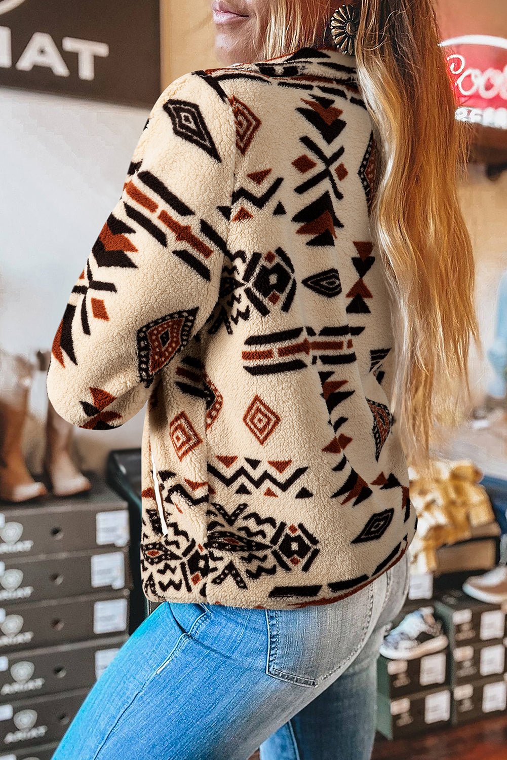 Black Vintage Geometric Half Zip Plush Sweatshirt - MAD RUFFI