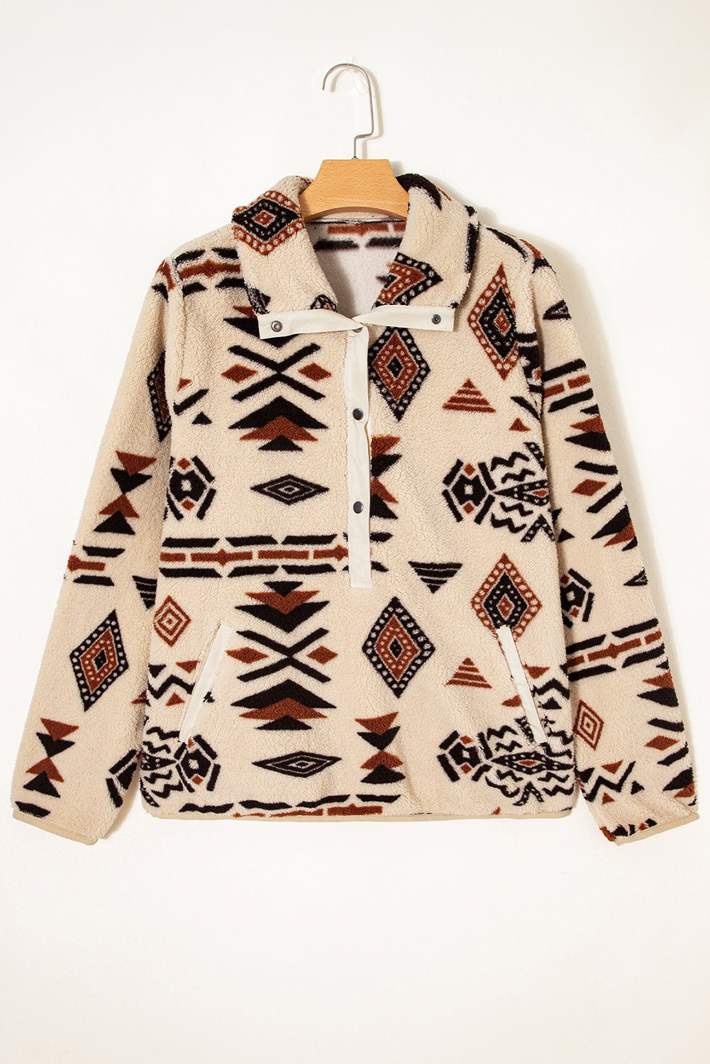 Black Vintage Geometric Half Zip Plush Sweatshirt - MAD RUFFI