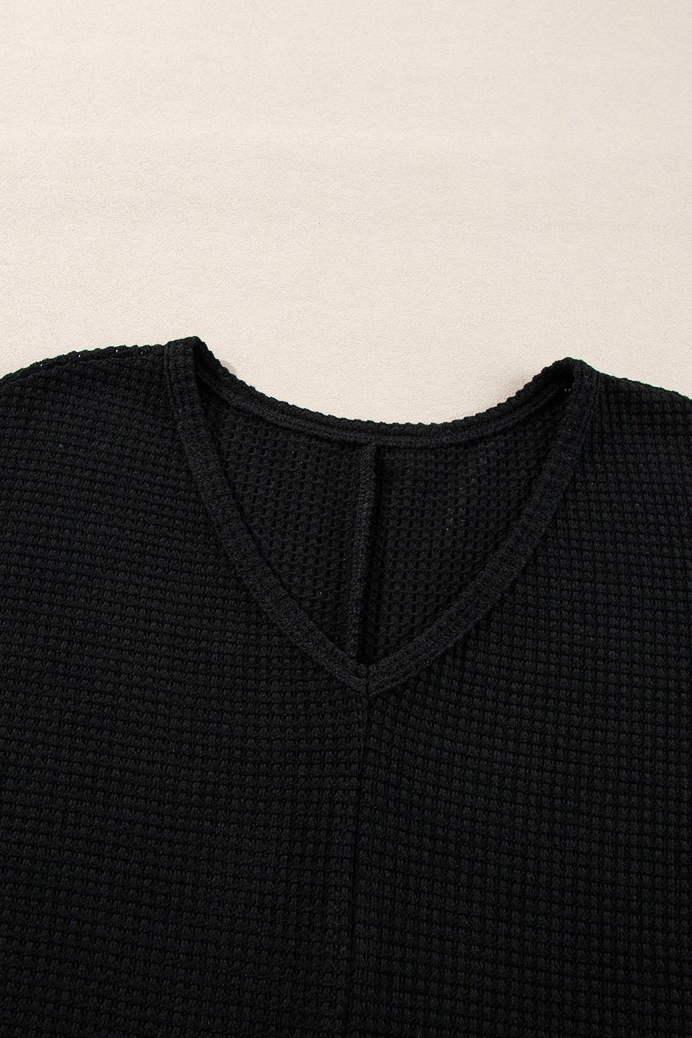 Black Waffle Knit Side Slits Loose Fit V Neck Top - MAD RUFFI
