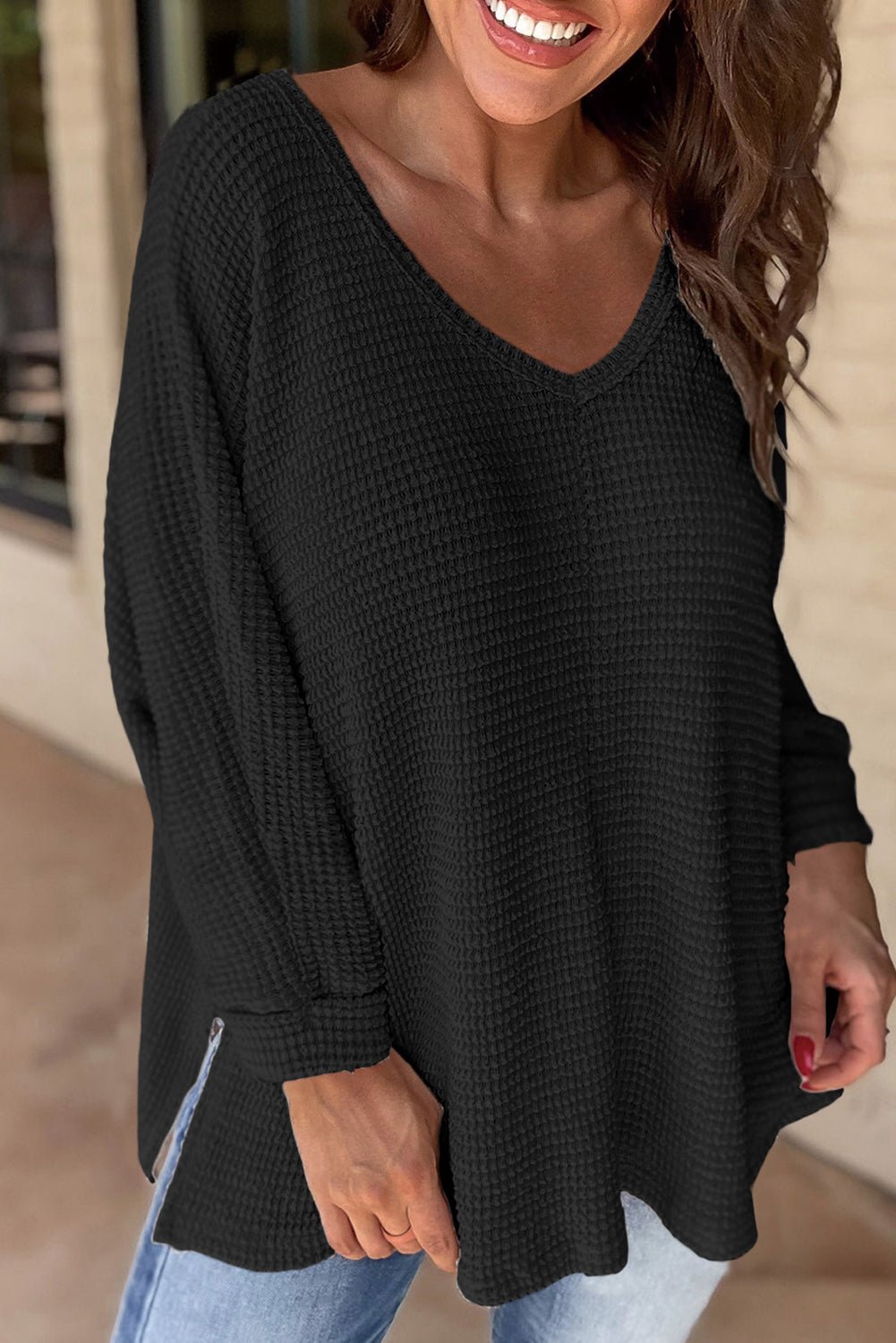 Black Waffle Knit Side Slits Loose Fit V Neck Top - MAD RUFFI