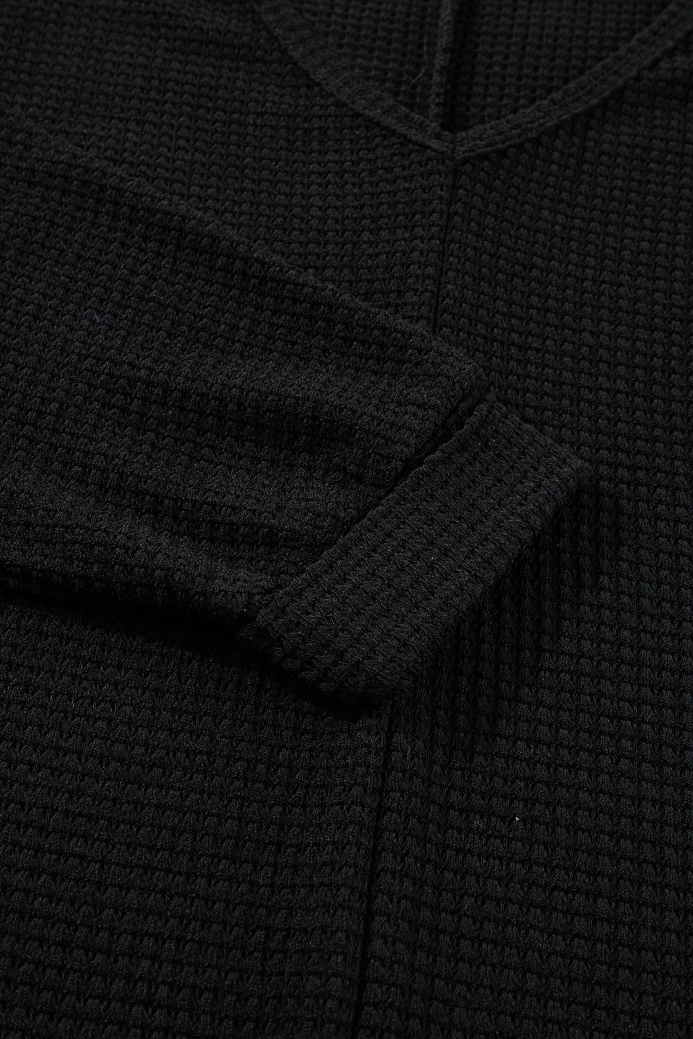 Black Waffle Knit Side Slits Loose Fit V Neck Top - MAD RUFFI