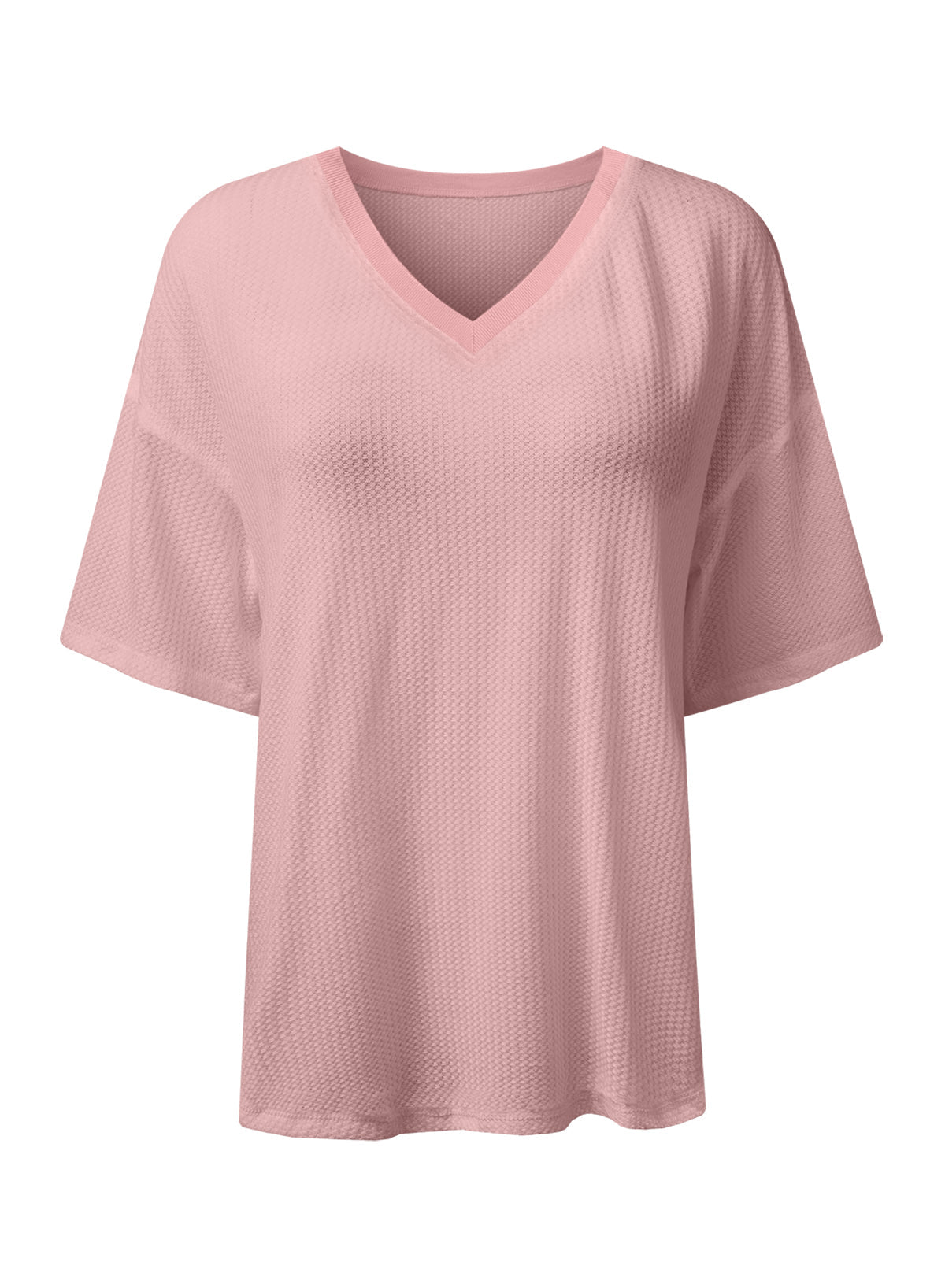 black waffle texture v neck drop shoulder loose tee - MAD RUFFI