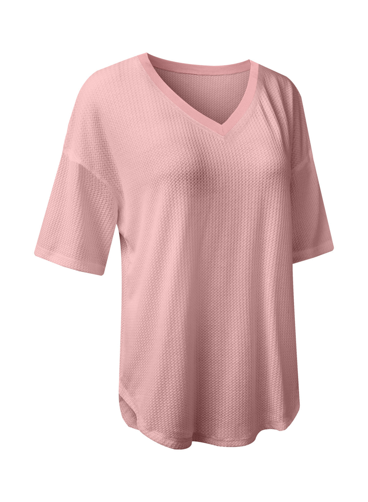 black waffle texture v neck drop shoulder loose tee - MAD RUFFI