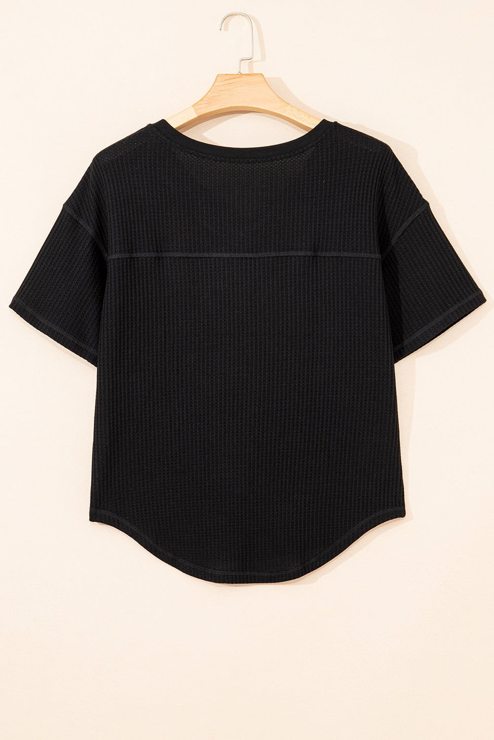 black waffle texture v neck drop shoulder loose tee - MAD RUFFI
