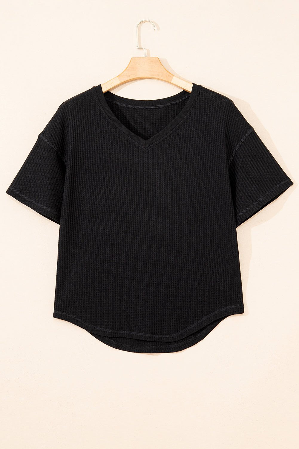 black waffle texture v neck drop shoulder loose tee - MAD RUFFI