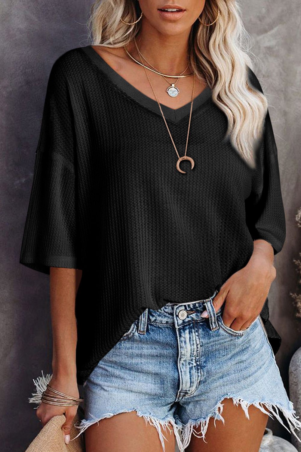 black waffle texture v neck drop shoulder loose tee - MAD RUFFI