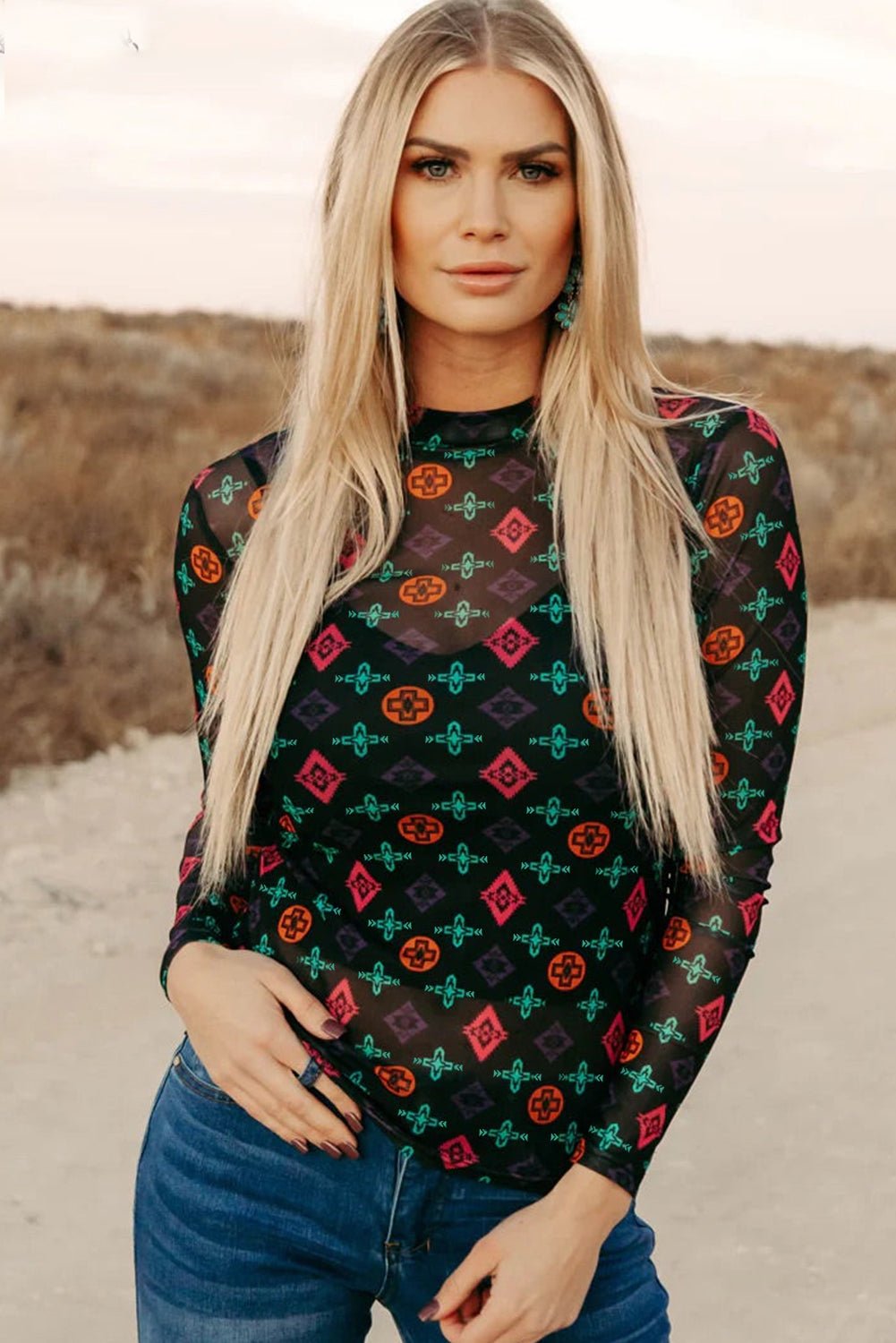 Black Western Aztec Printed Long Sleeve Mesh Top - MAD RUFFI