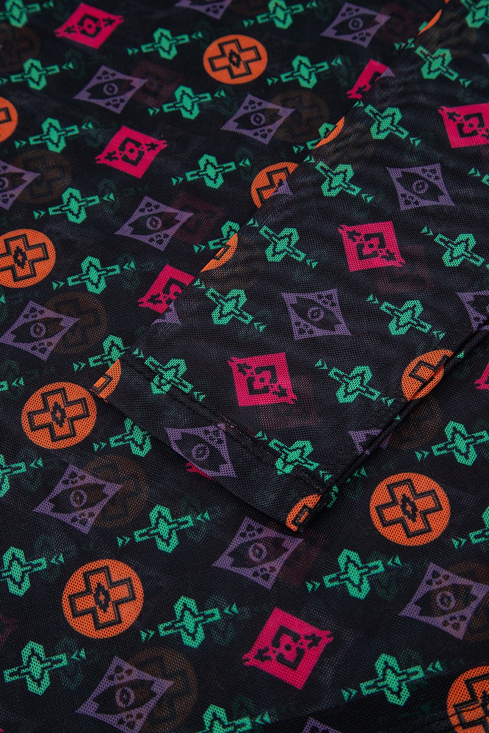 Black Western Aztec Printed Long Sleeve Mesh Top - MAD RUFFI