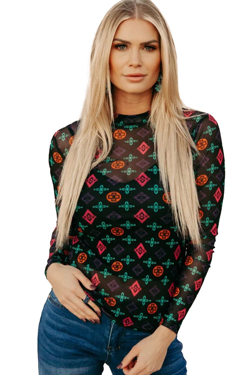 Black Western Aztec Printed Long Sleeve Mesh Top - MAD RUFFI