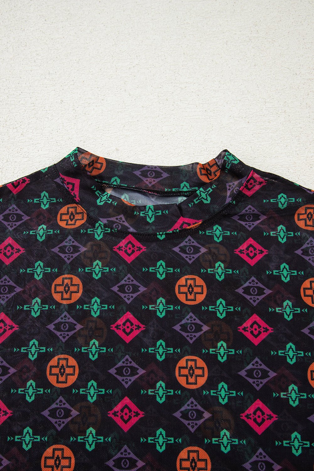 Black Western Aztec Printed Long Sleeve Mesh Top - MAD RUFFI