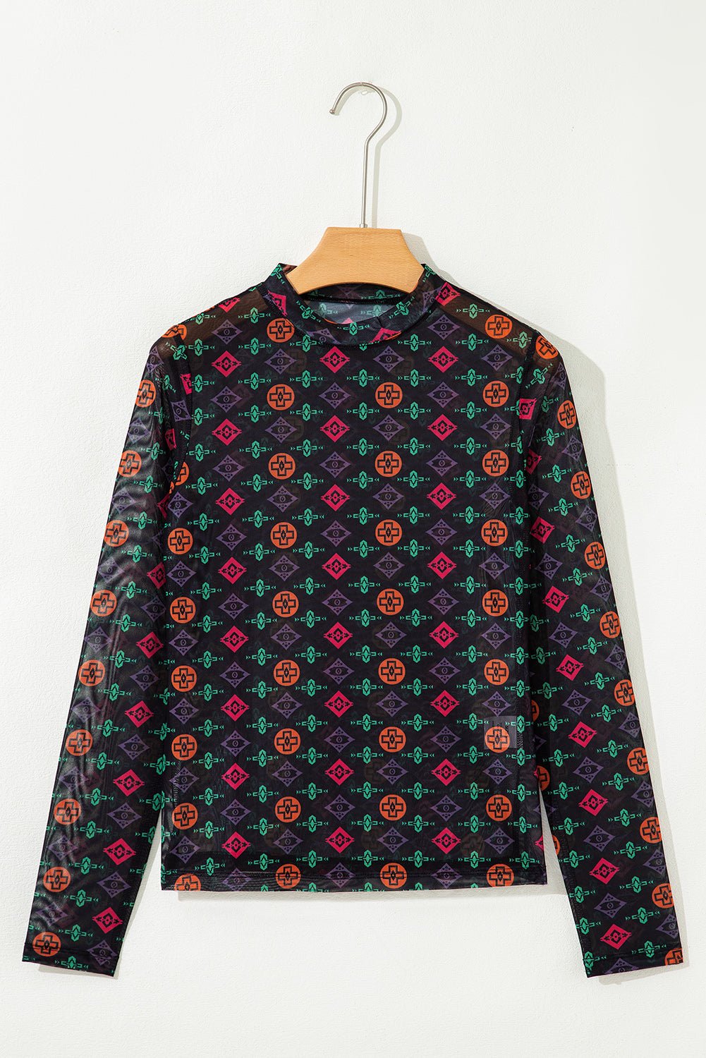 Black Western Aztec Printed Long Sleeve Mesh Top - MAD RUFFI