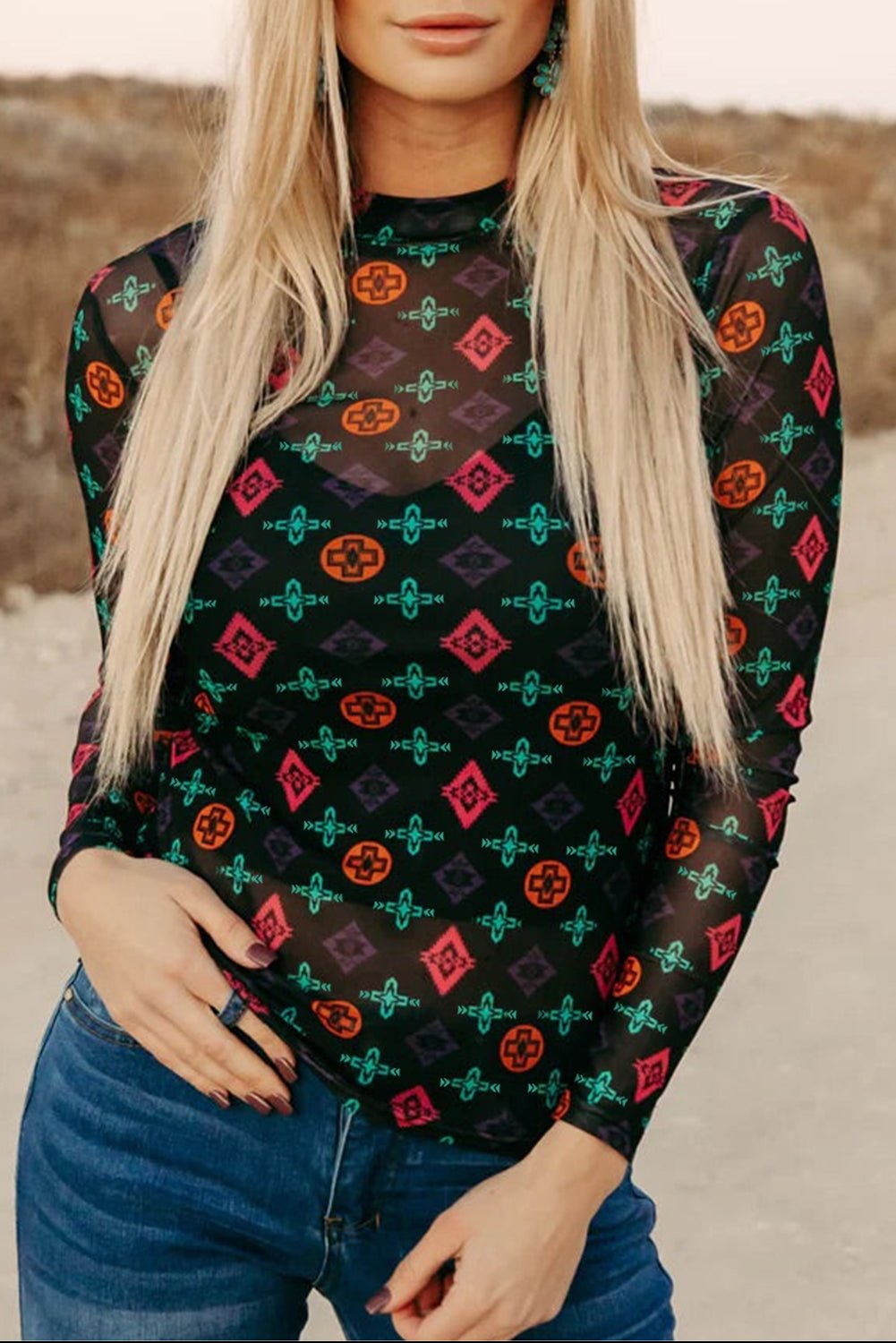 Black Western Aztec Printed Long Sleeve Mesh Top - MAD RUFFI