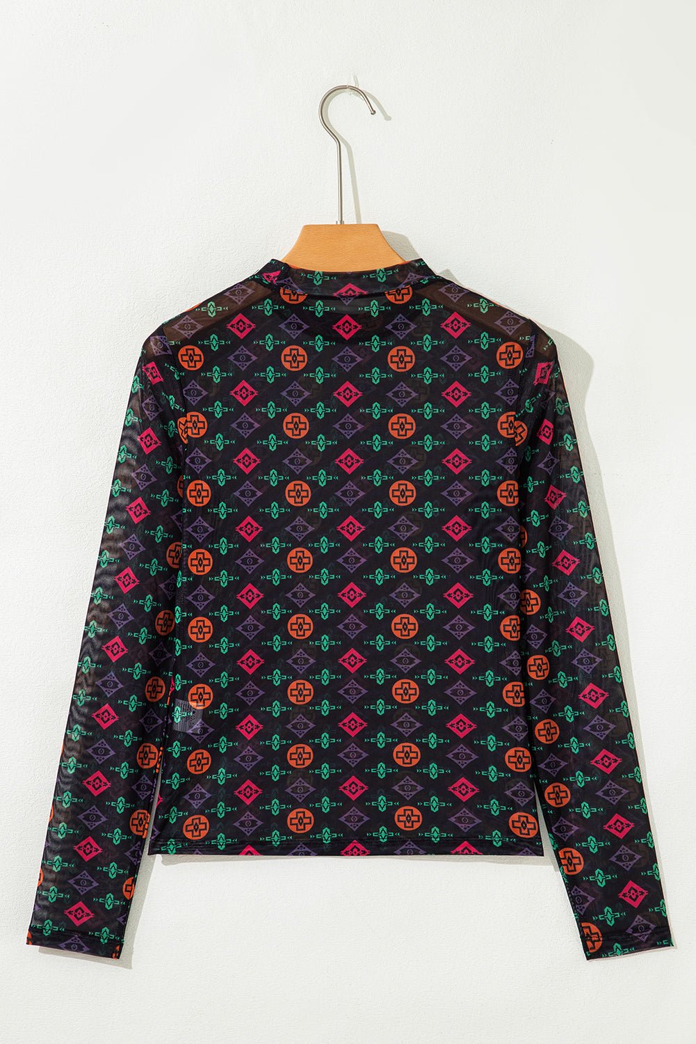 Black Western Aztec Printed Long Sleeve Mesh Top - MAD RUFFI