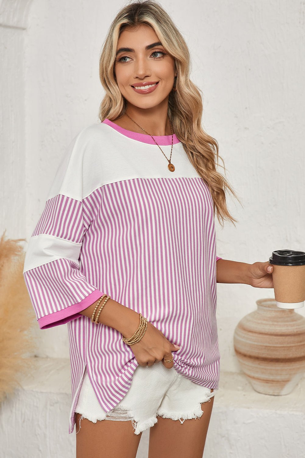 Black & White Striped Patchwork Oversized Tee - MAD RUFFI