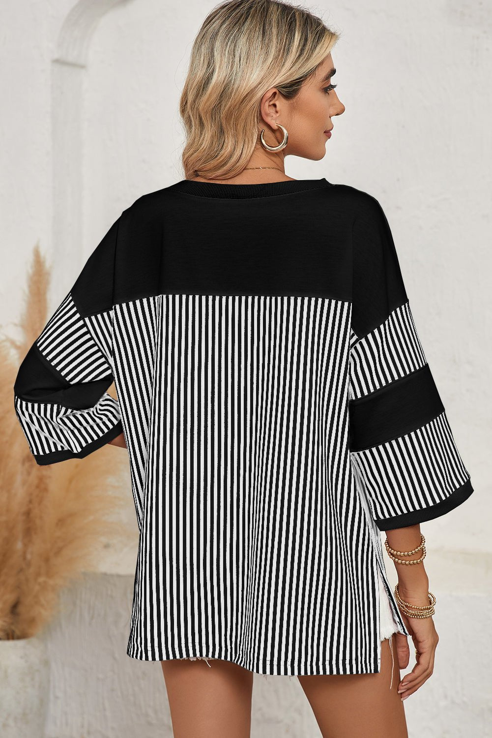 Black & White Striped Patchwork Oversized Tee - MAD RUFFI