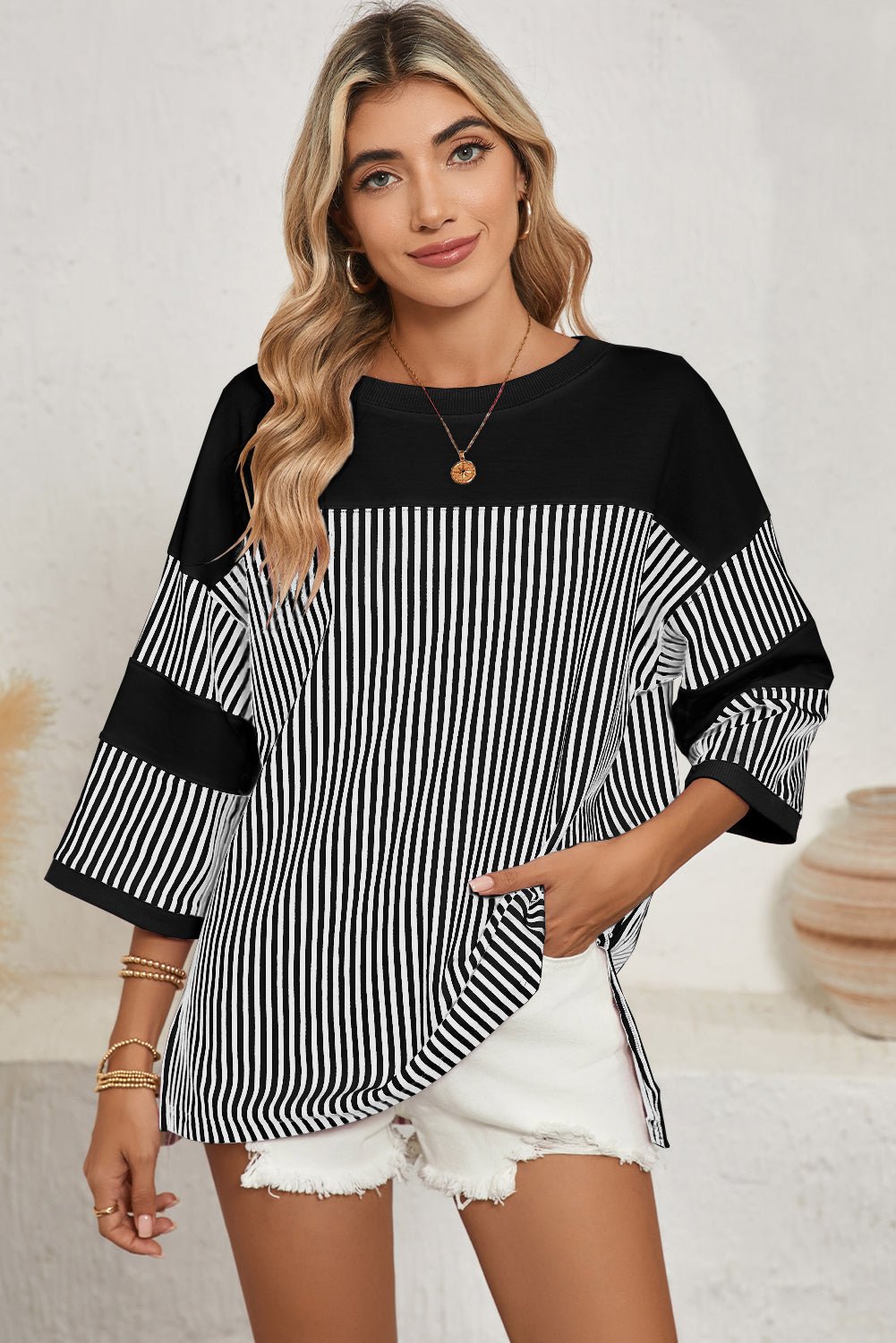 Black & White Striped Patchwork Oversized Tee - MAD RUFFI
