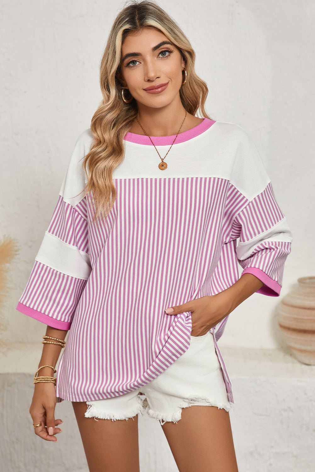 Black & White Striped Patchwork Oversized Tee - MAD RUFFI