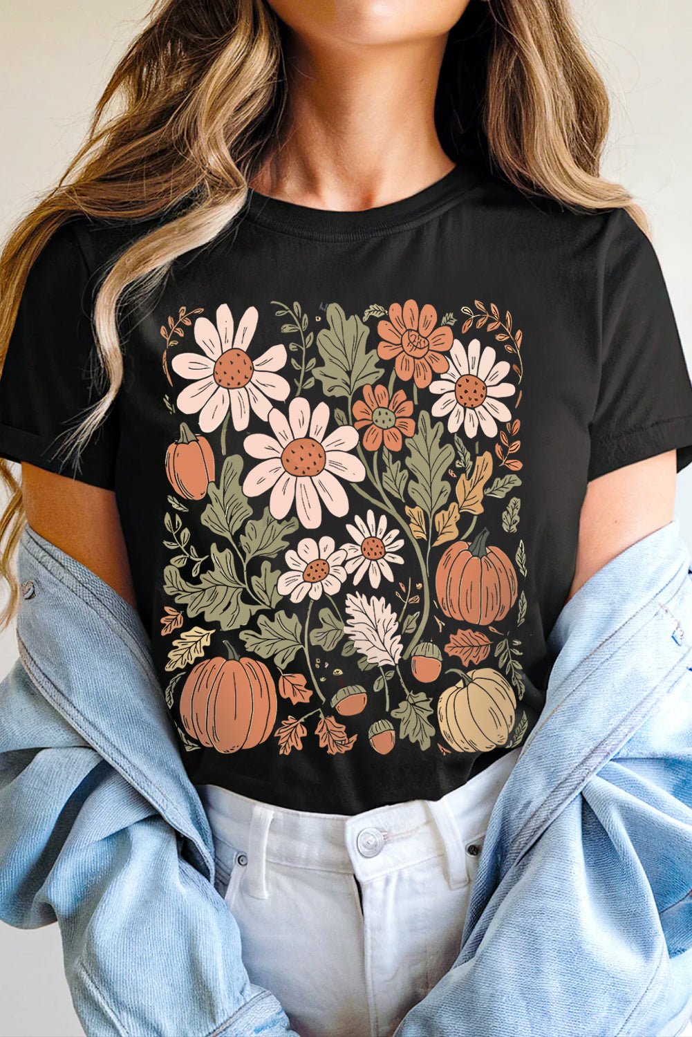 Black Wild Flower Pumpkin Print T Shirt - MAD RUFFI