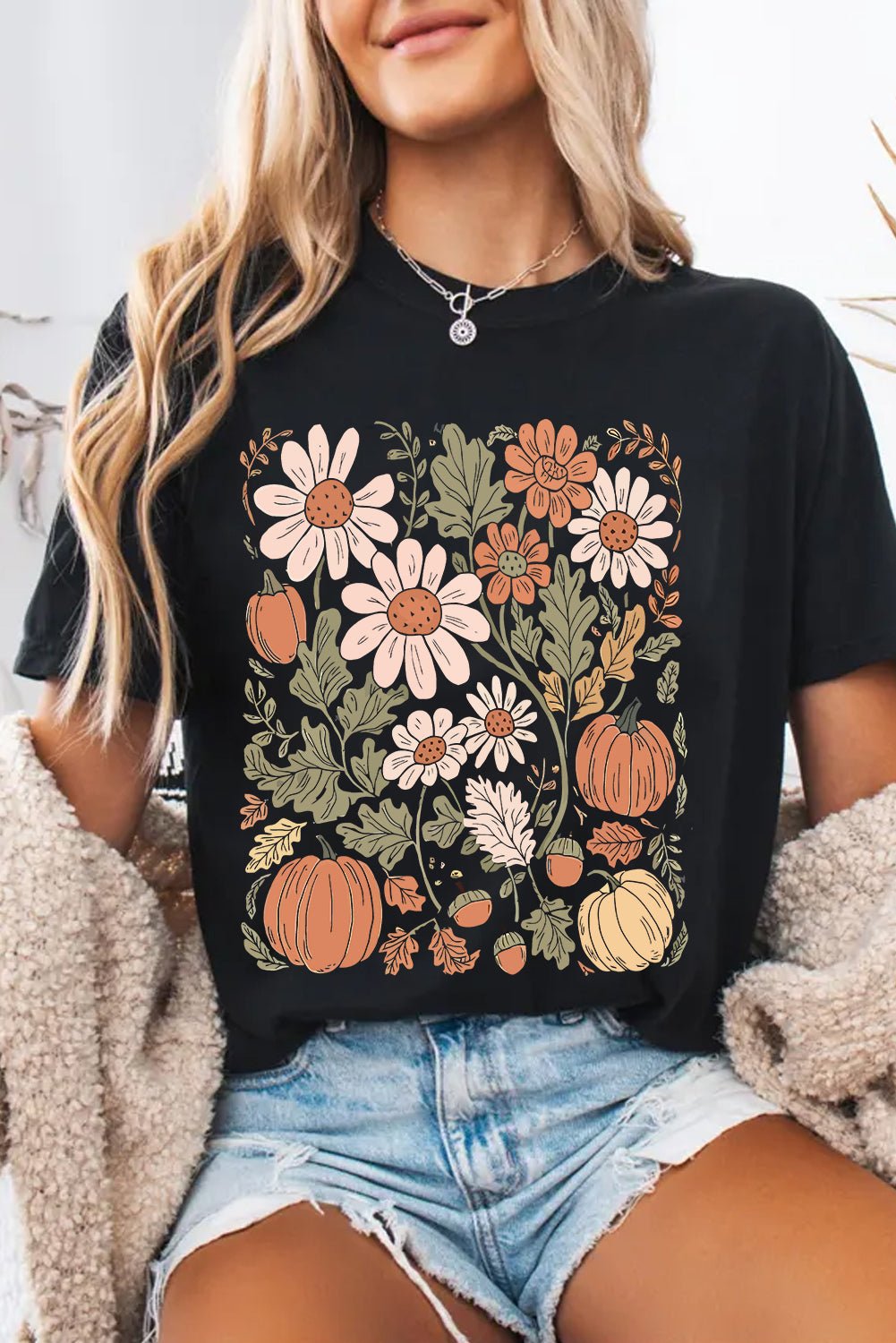 Black Wild Flower Pumpkin Print T Shirt - MAD RUFFI