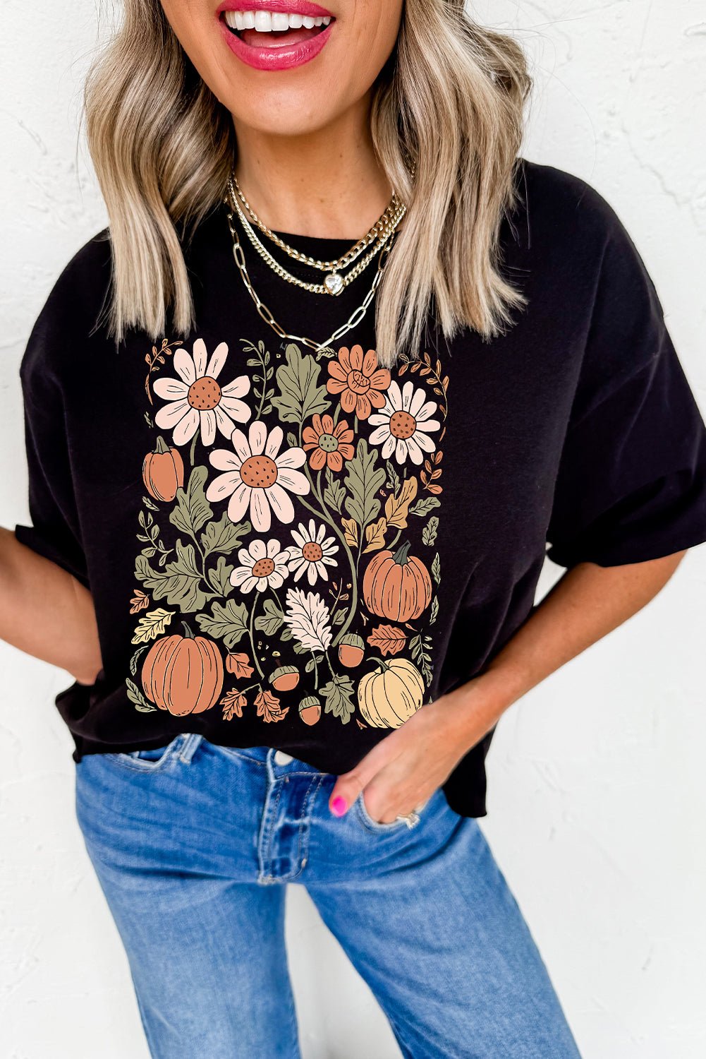 Black Wild Flower Pumpkin Print T Shirt - MAD RUFFI