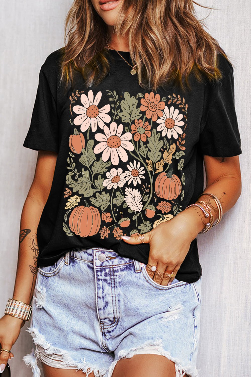 Black Wild Flower Pumpkin Print T Shirt - MAD RUFFI