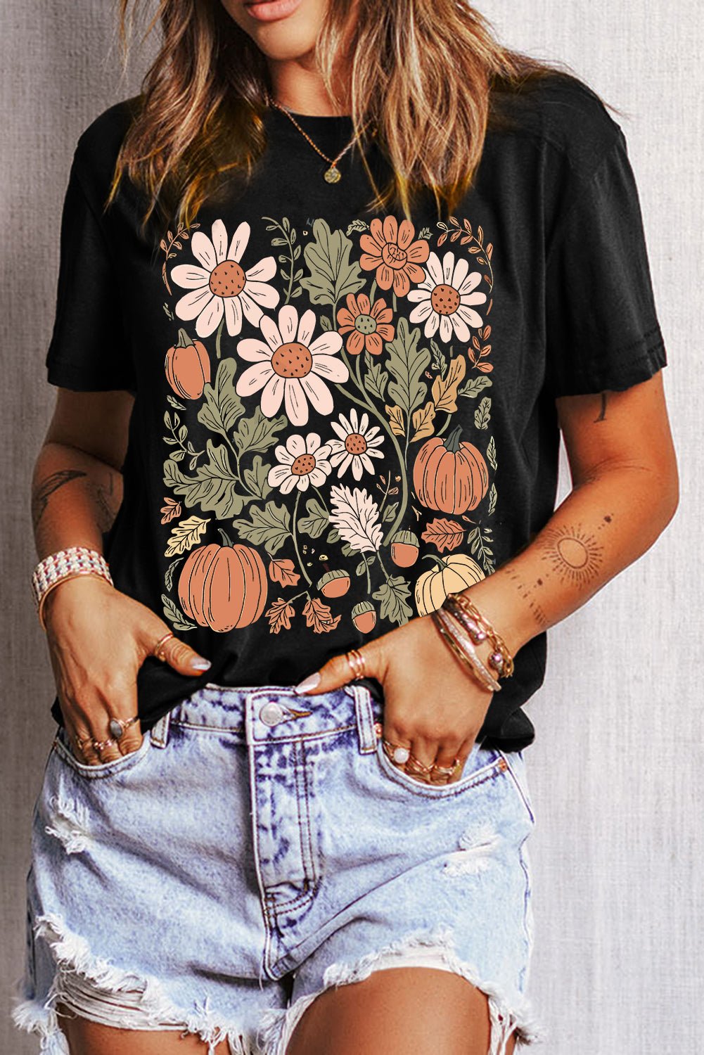 Black Wild Flower Pumpkin Print T Shirt - MAD RUFFI