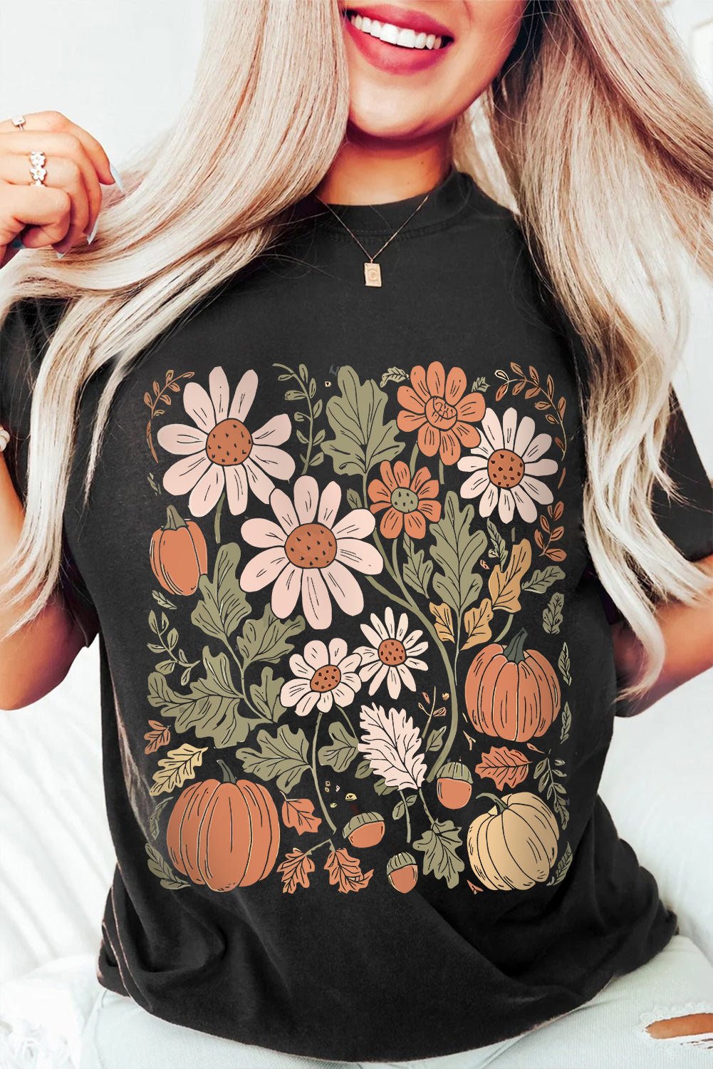 Black Wild Flower Pumpkin Print T Shirt - MAD RUFFI