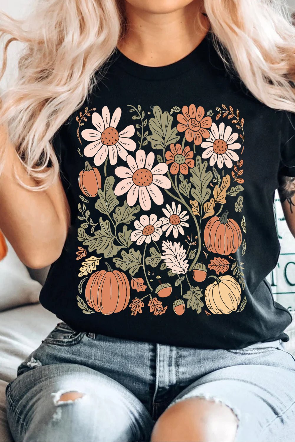 Black Wild Flower Pumpkin Print T Shirt - MAD RUFFI
