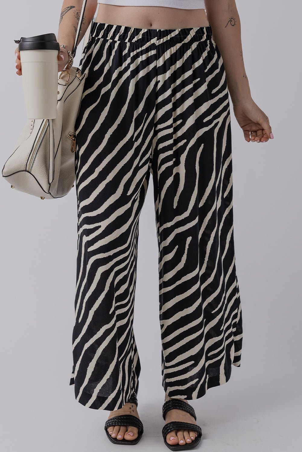 black zebra striped summer wide leg pants - MAD RUFFI