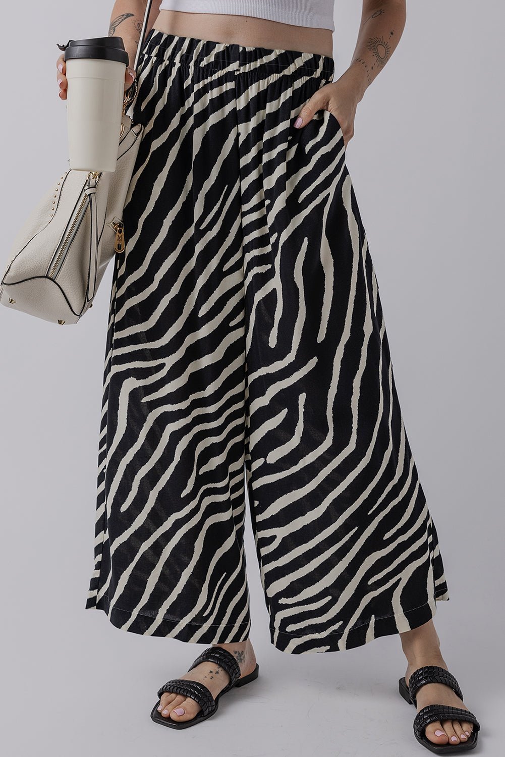 black zebra striped summer wide leg pants - MAD RUFFI