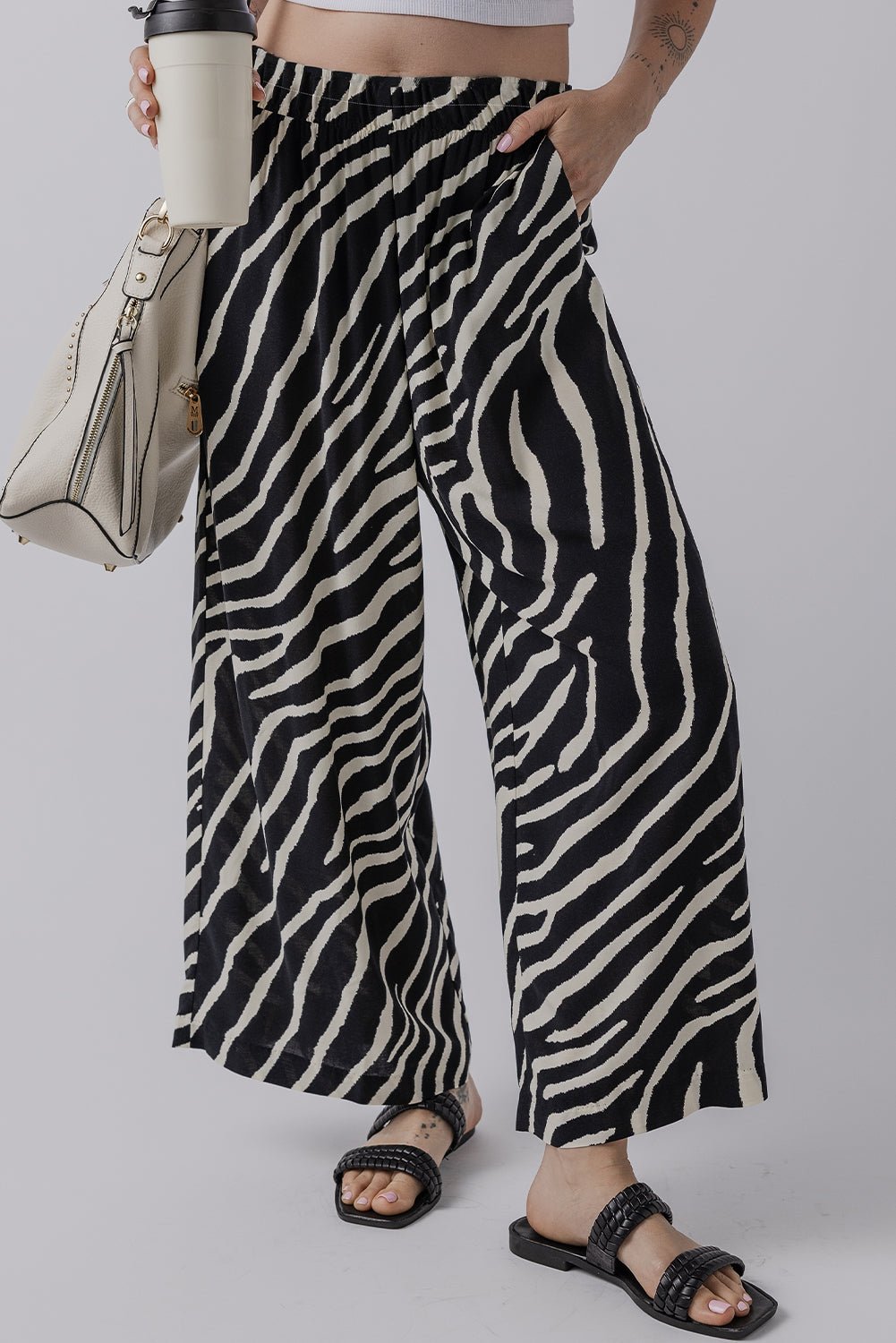 black zebra striped summer wide leg pants - MAD RUFFI