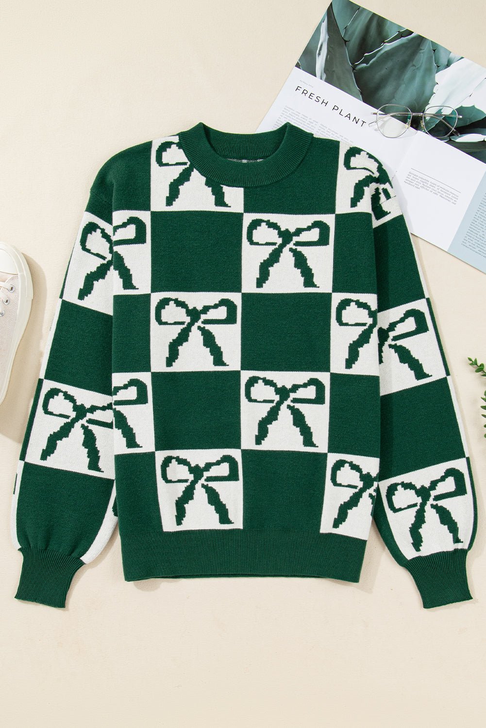 Blackish Green Bow Print Checkered Knit Sweater - MAD RUFFI