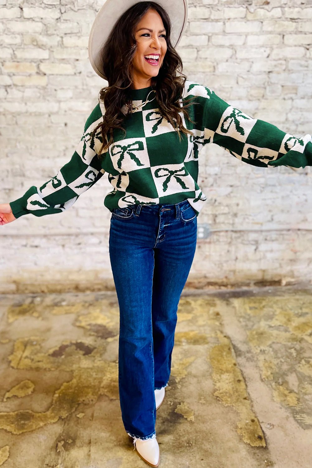Blackish Green Bow Print Checkered Knit Sweater - MAD RUFFI