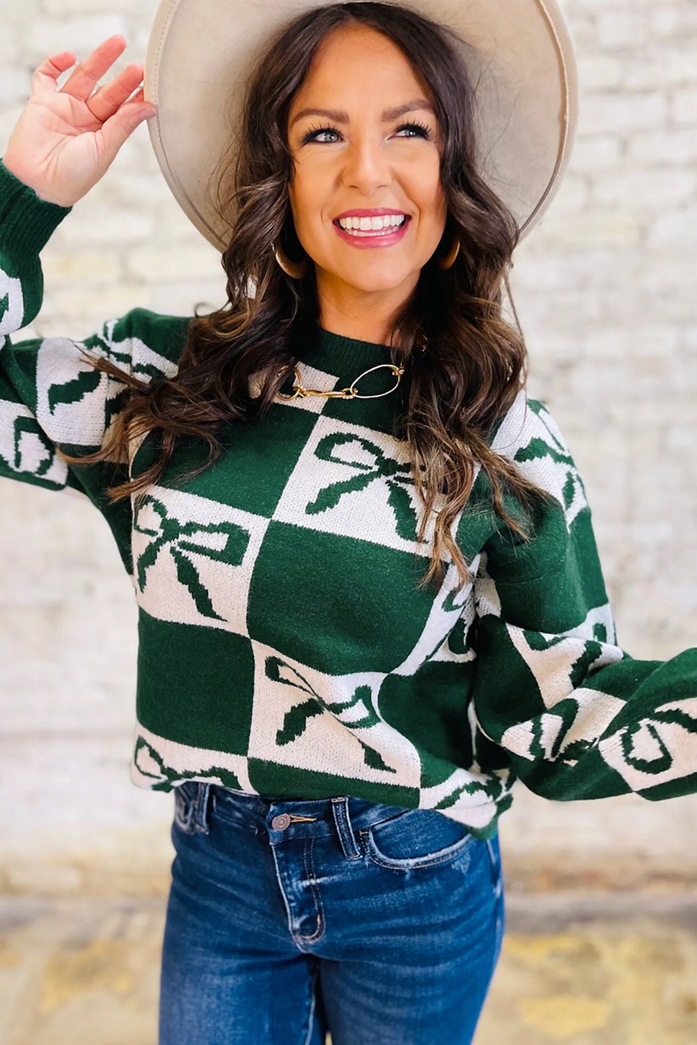 Blackish Green Bow Print Checkered Knit Sweater - MAD RUFFI