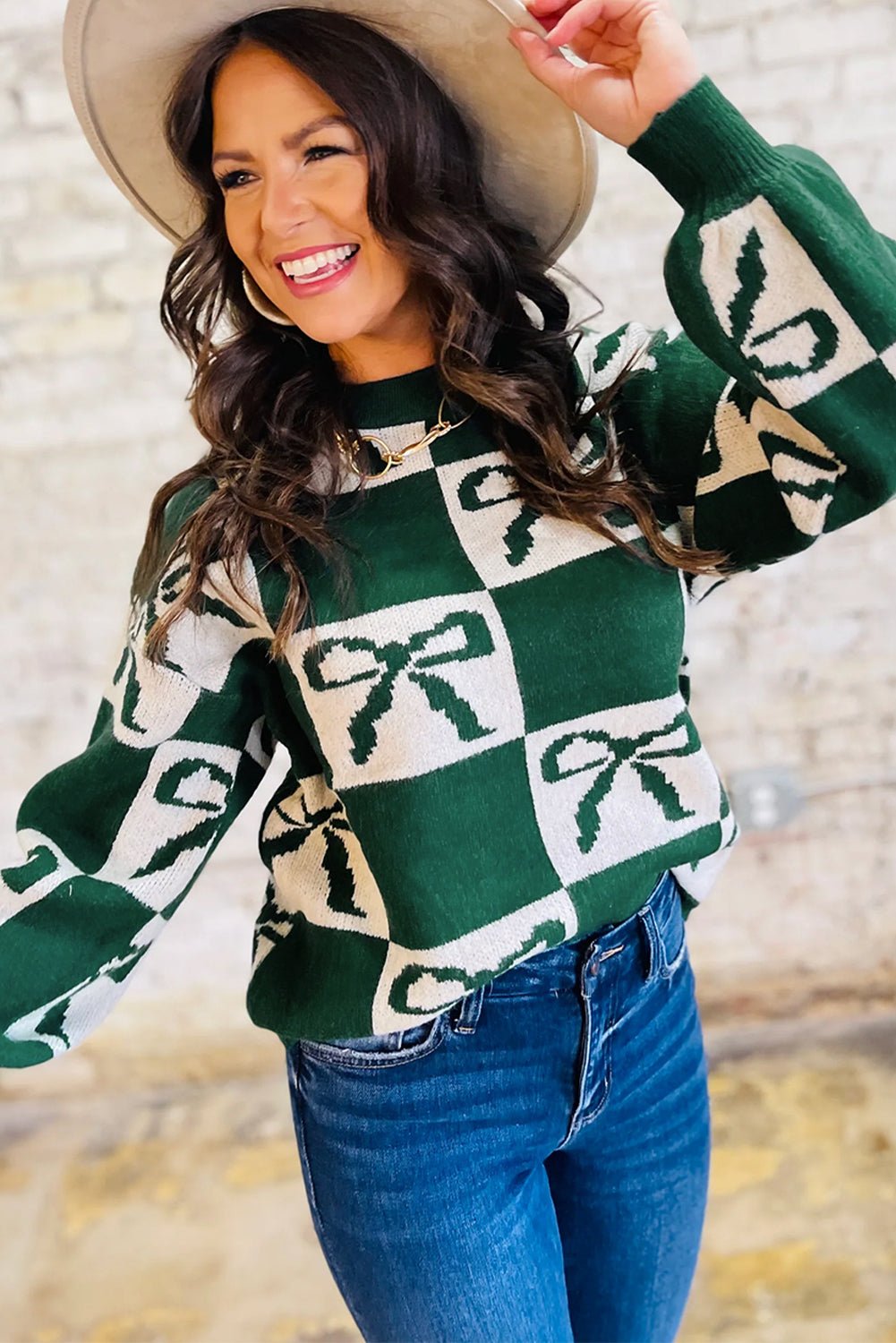 Blackish Green Bow Print Checkered Knit Sweater - MAD RUFFI