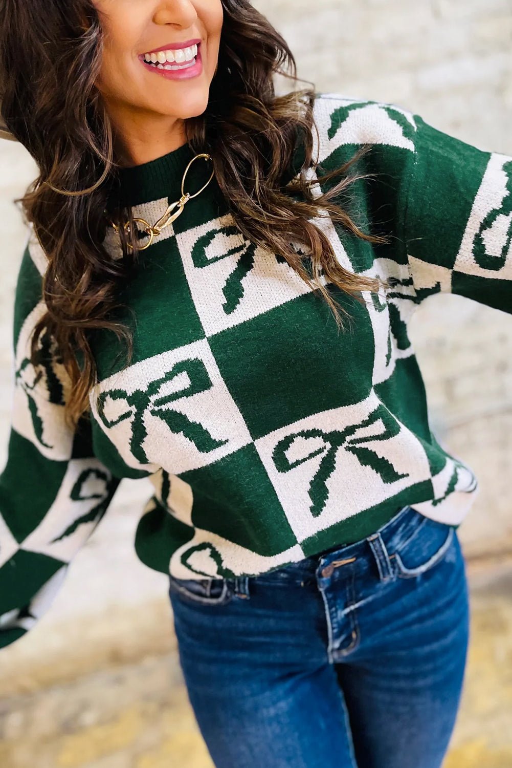 Blackish Green Bow Print Checkered Knit Sweater - MAD RUFFI