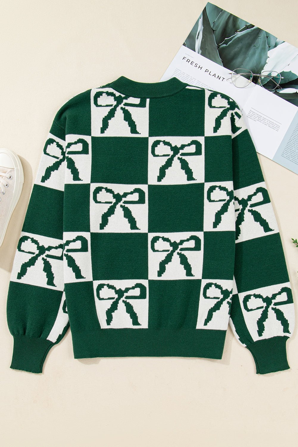 Blackish Green Bow Print Checkered Knit Sweater - MAD RUFFI