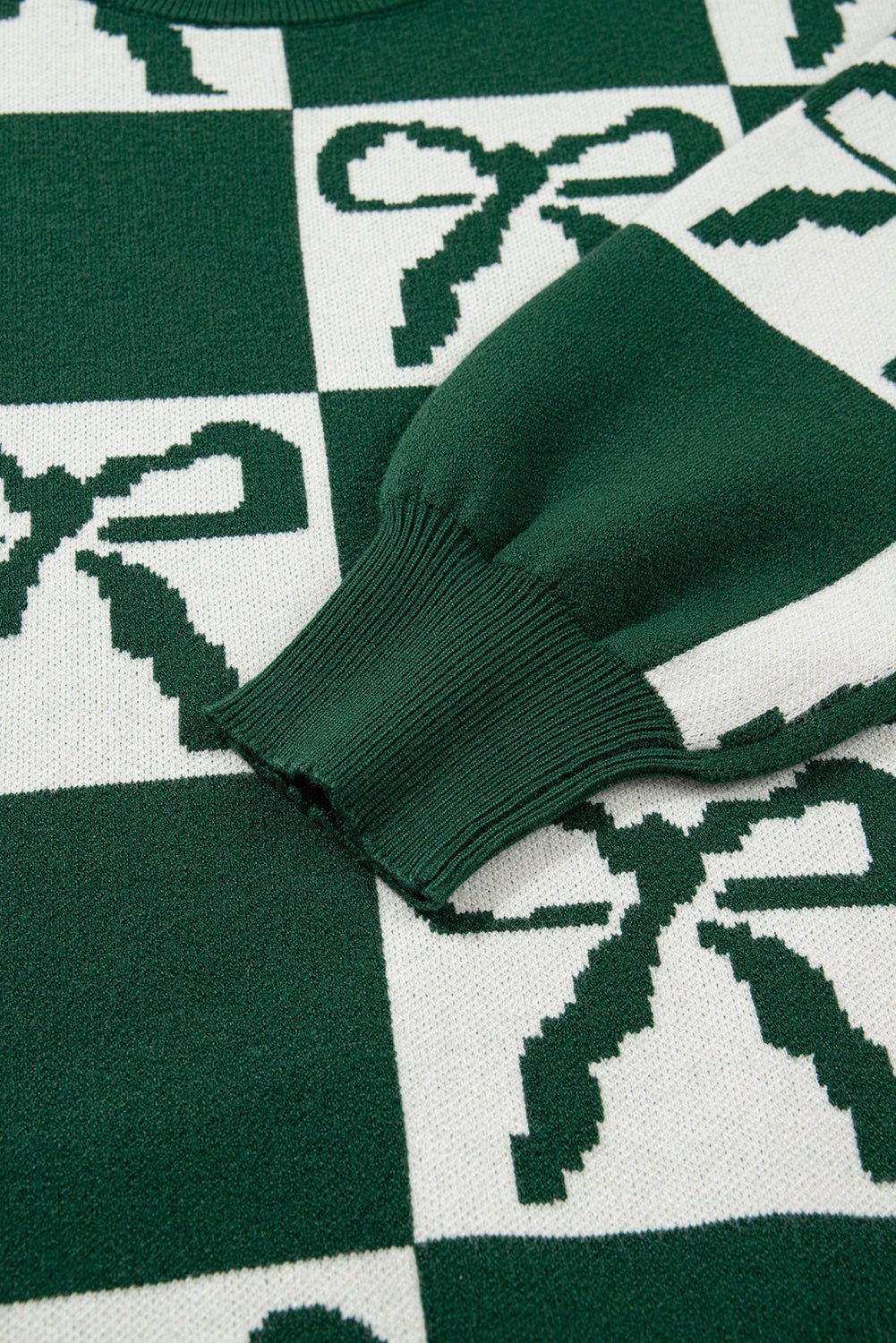 Blackish Green Bow Print Checkered Knit Sweater - MAD RUFFI