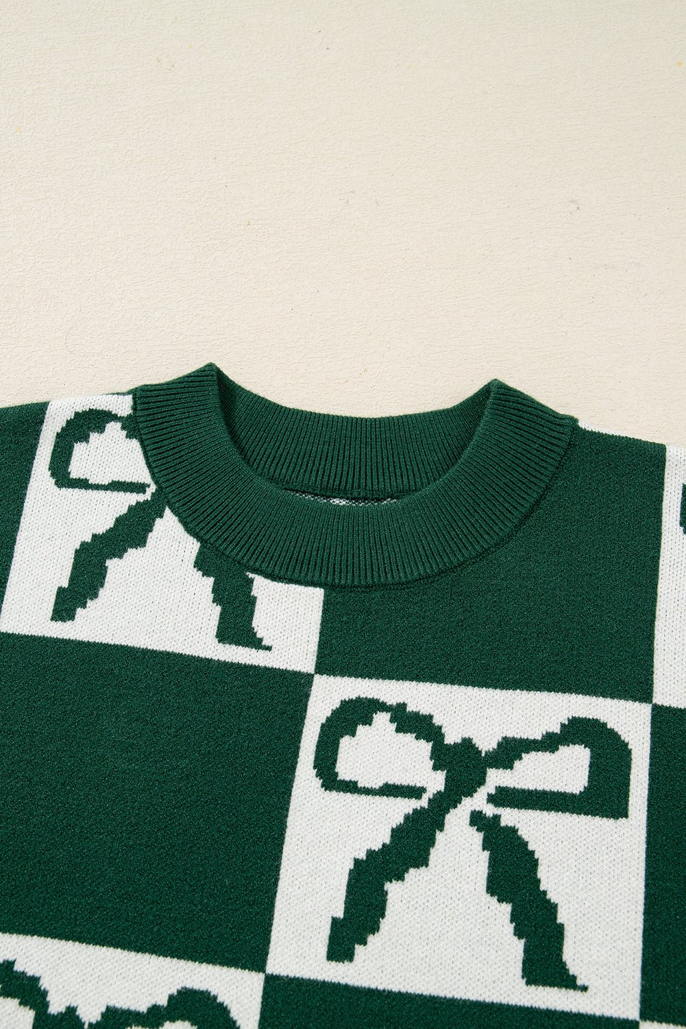 Blackish Green Bow Print Checkered Knit Sweater - MAD RUFFI