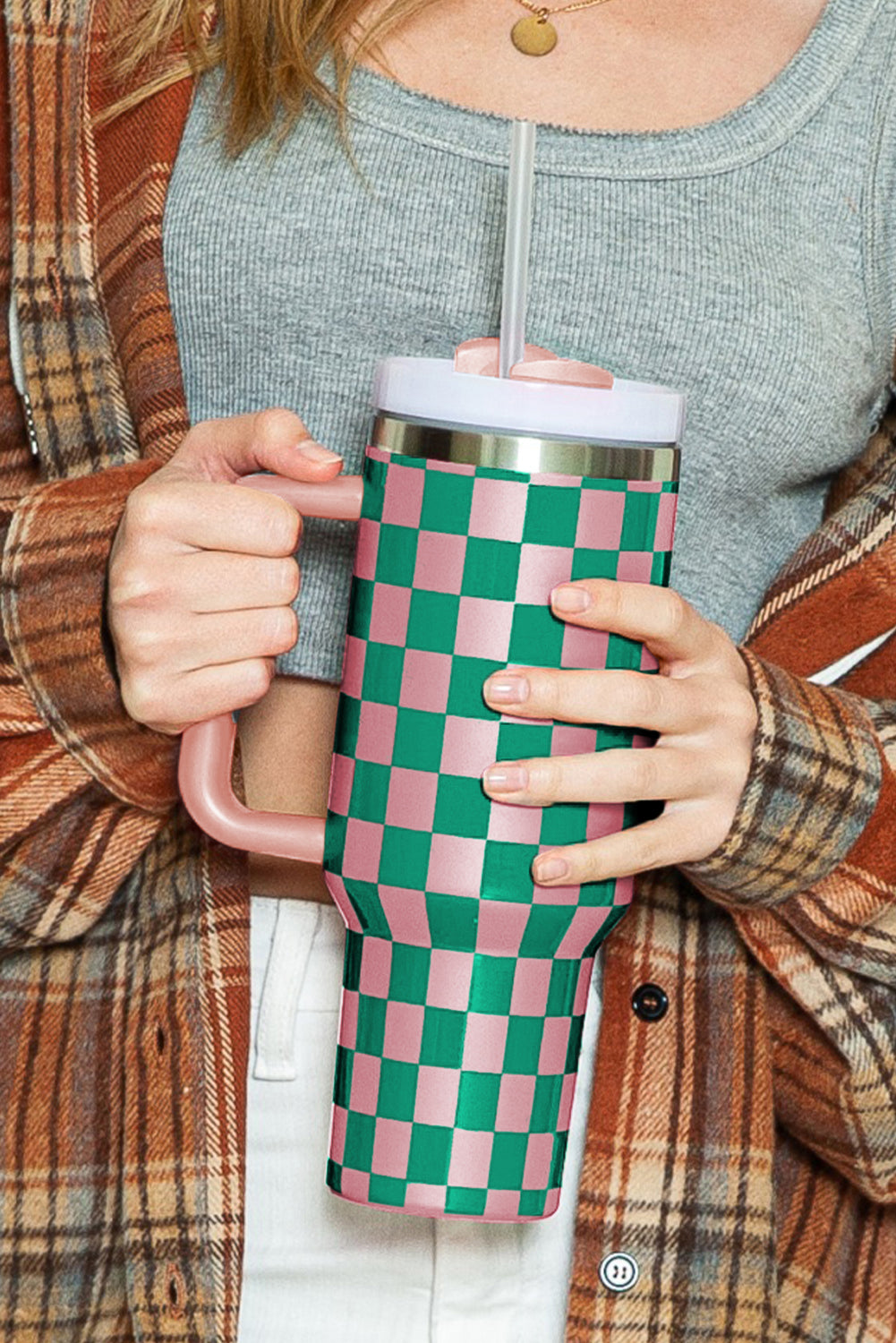 Blackish Green Checkered Print 40oz Tumbler Cup - MAD RUFFI