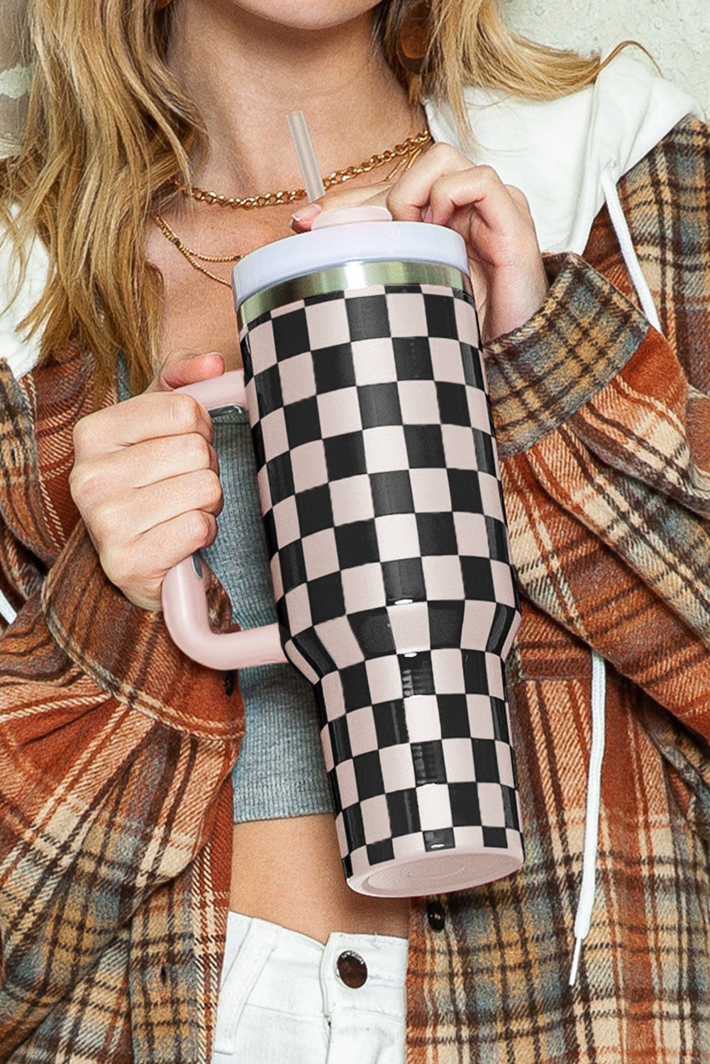 Blackish Green Checkered Print 40oz Tumbler Cup - MAD RUFFI