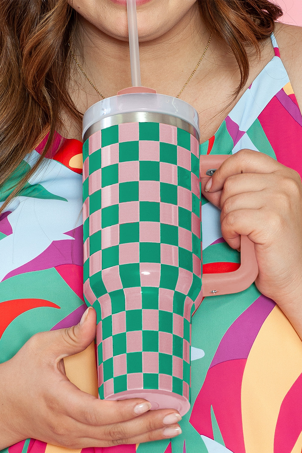 Blackish Green Checkered Print 40oz Tumbler Cup - MAD RUFFI