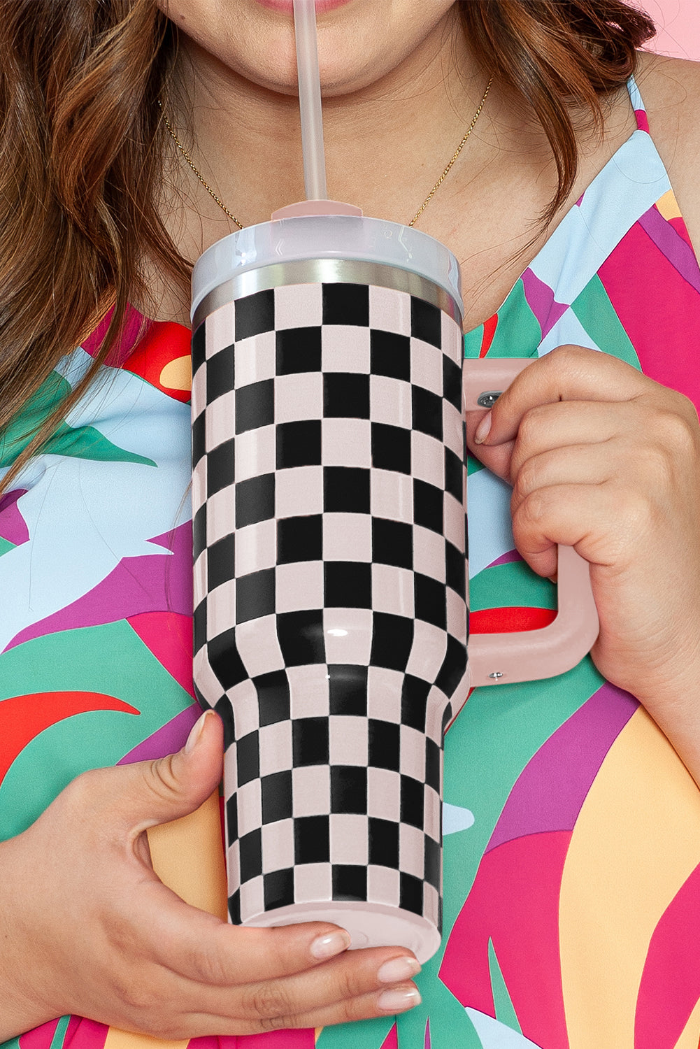 Blackish Green Checkered Print 40oz Tumbler Cup - MAD RUFFI